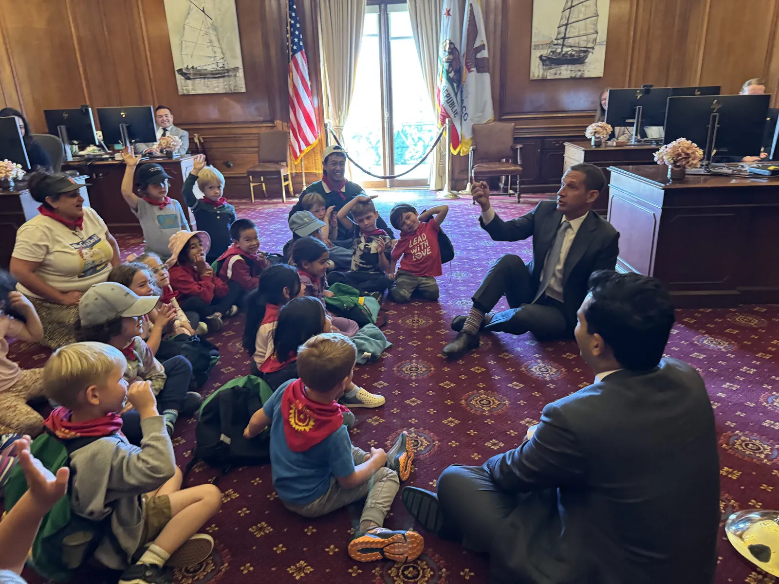 Children on a field trip meeting San Francisco Mayor Daniel Lurie at City Hall